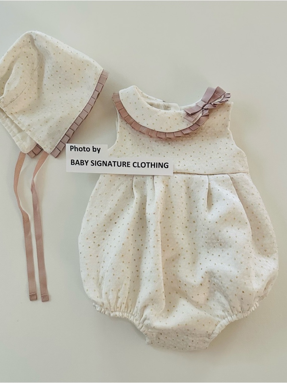 cupcakes & cashmere 6-9 Months Baby Girl Cream Gold Dot Bubble Romper Bonnet Set